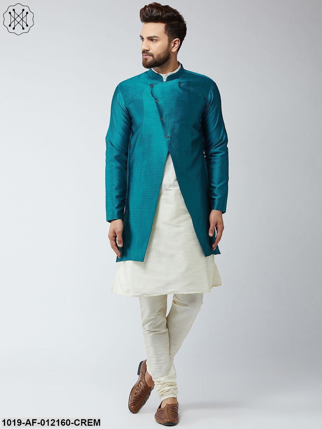 Men's Silk Blend Cream Kurta Churidaar Pyjama & Peacock Sherwani Jacket Set - Sojanya