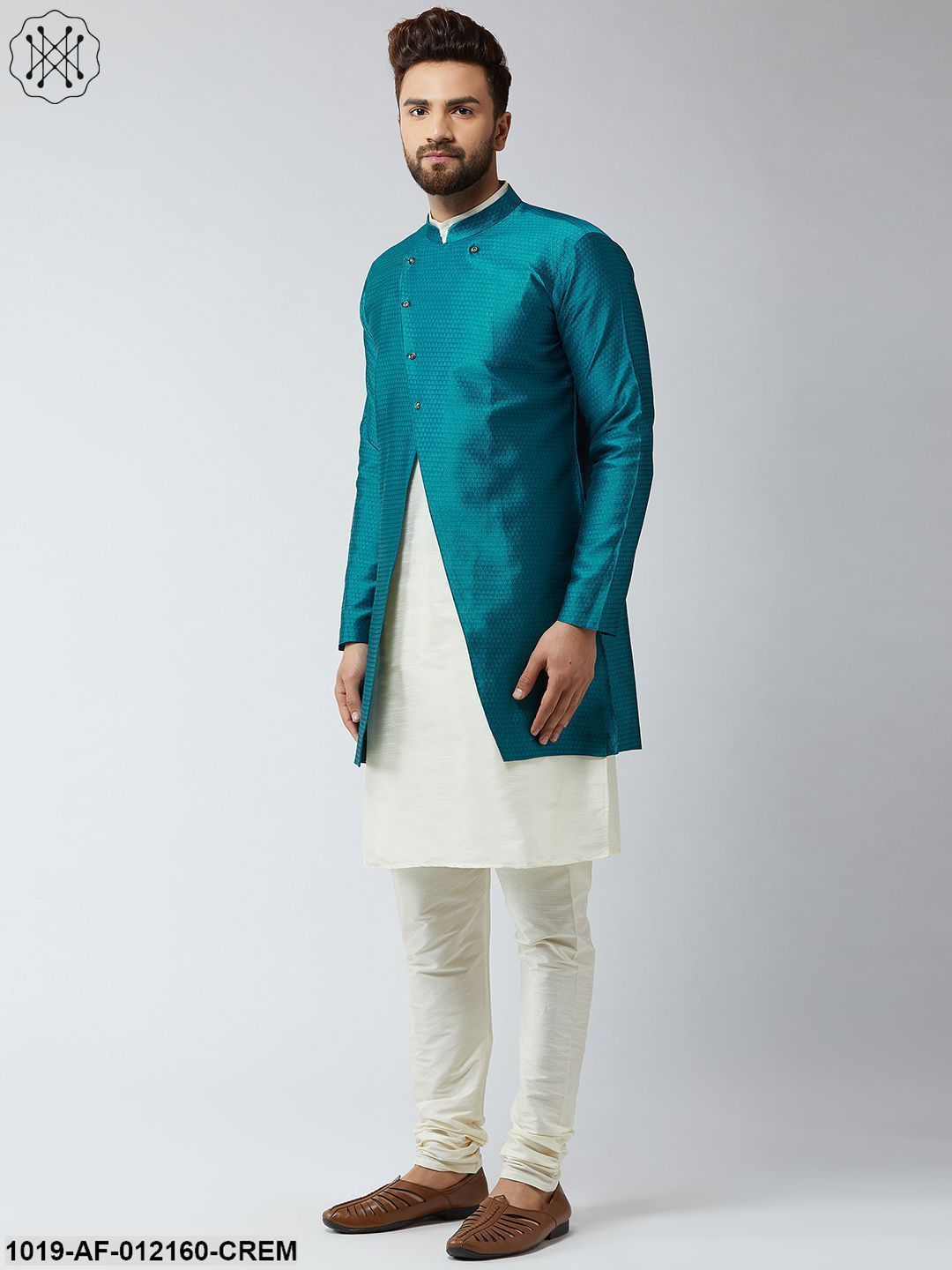 Men's Silk Blend Cream Kurta Churidaar Pyjama & Peacock Sherwani Jacket Set - Sojanya