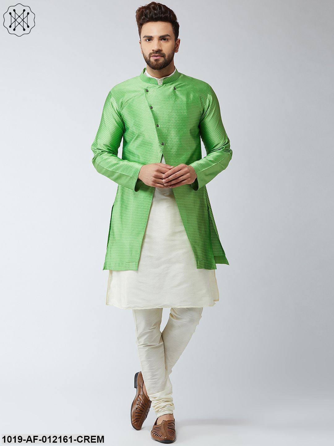 Men's Silk Blend Cream Kurta Churidaar Pyjama & Green Sherwani Jacket Set - Sojanya