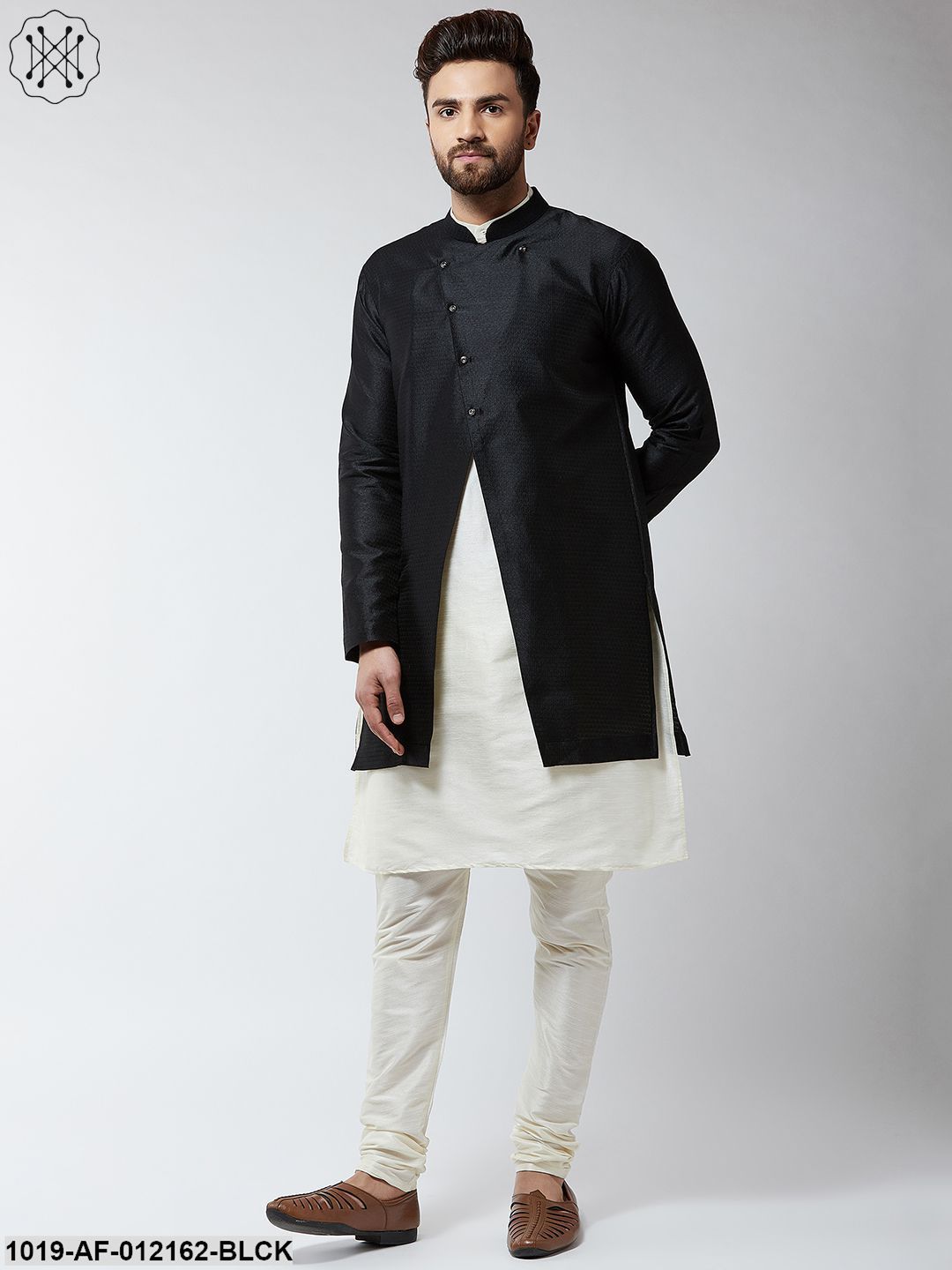Men's Silk Blend Cream Kurta Churidaar Pyjama & Black Sherwani Jacket Set - Sojanya