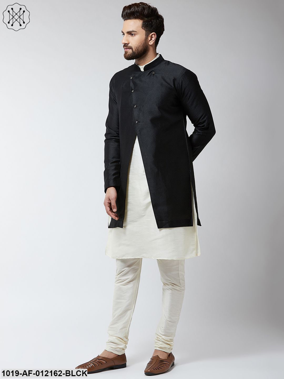 Men's Silk Blend Cream Kurta Churidaar Pyjama & Black Sherwani Jacket Set - Sojanya