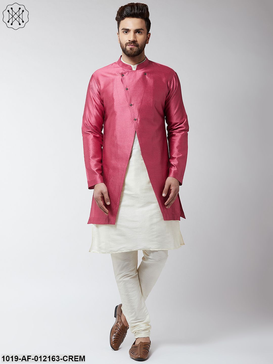 Men's Silk Blend Cream Kurta Churidaar Pyjama & Pink Sherwani Jacket Set - Sojanya