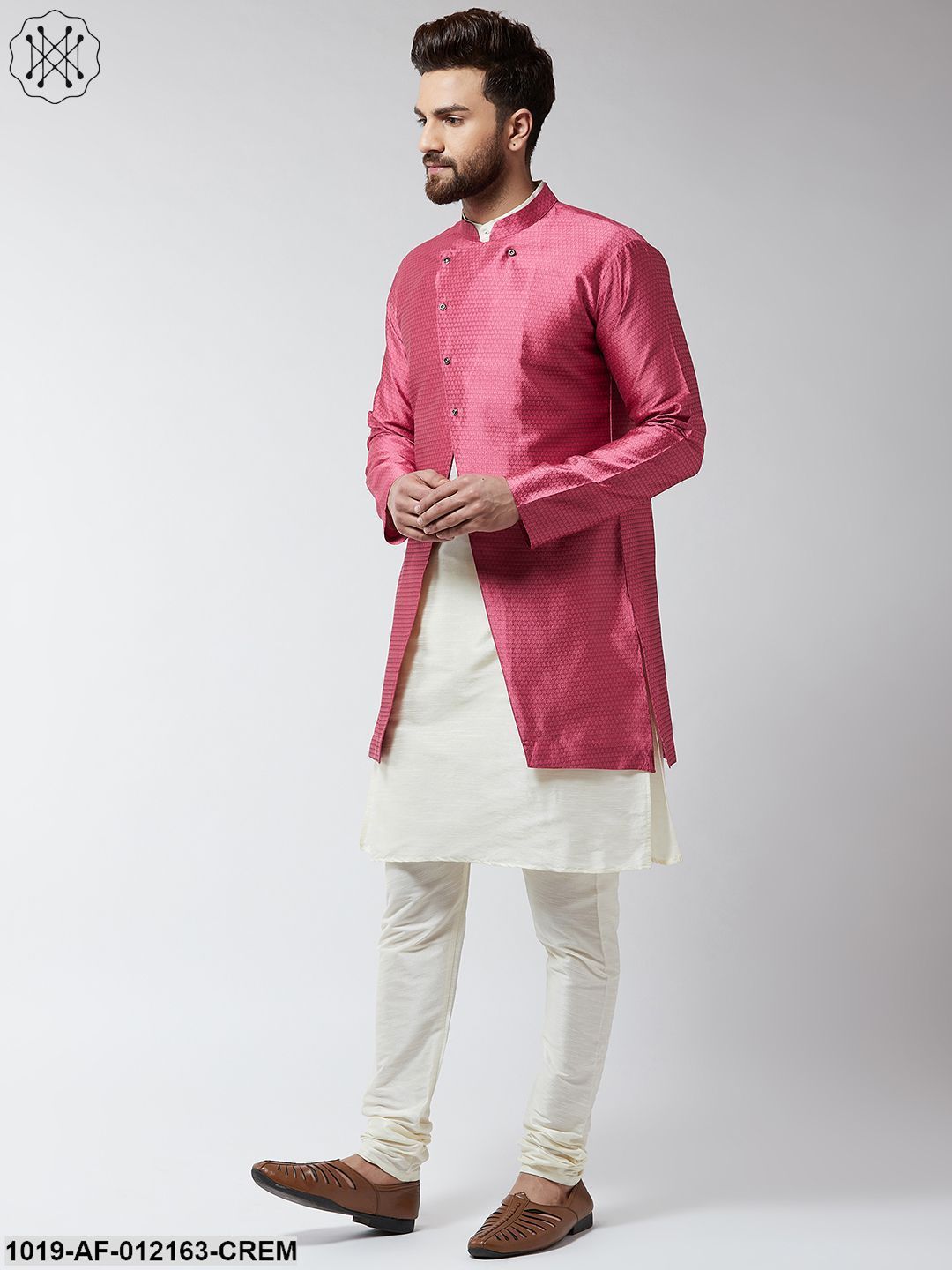 Men's Silk Blend Cream Kurta Churidaar Pyjama & Pink Sherwani Jacket Set - Sojanya