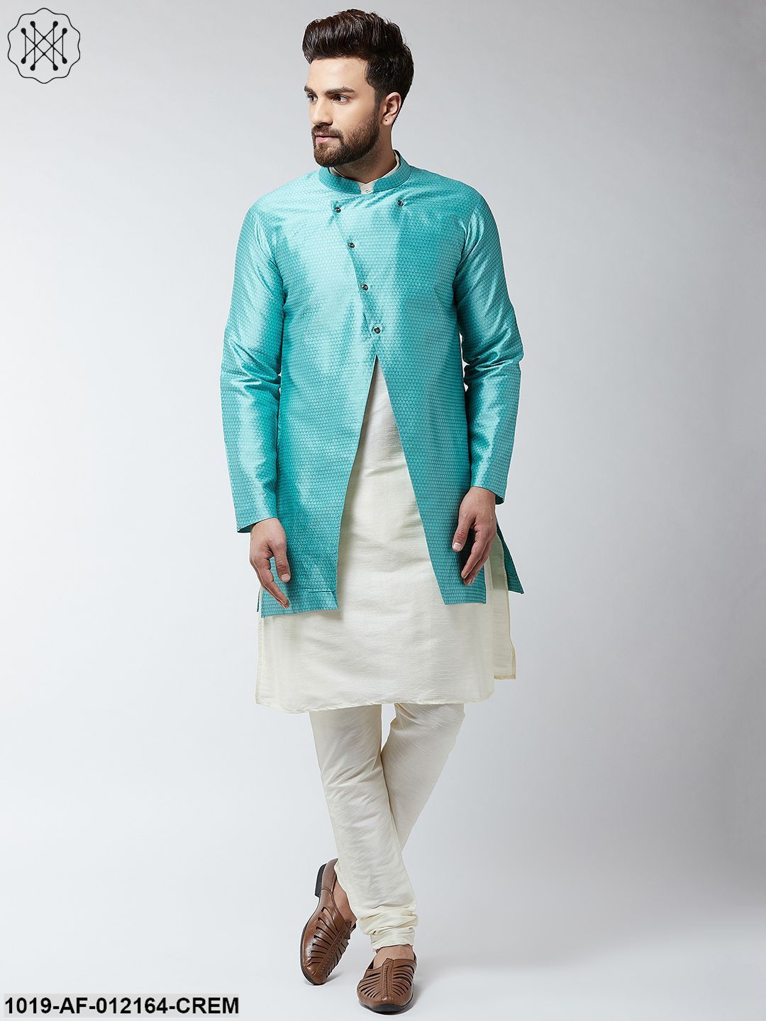 Men's Silk Blend Cream Kurta Churidaar Pyjama & Sky Blue Sherwani Jacket Set