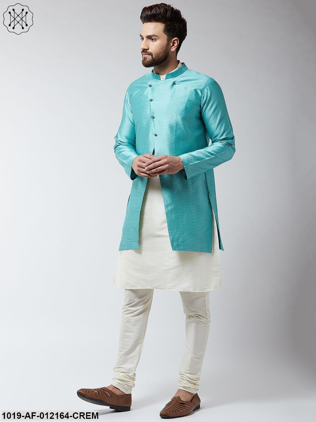 Men's Silk Blend Cream Kurta Churidaar Pyjama & Sky Blue Sherwani Jacket Set