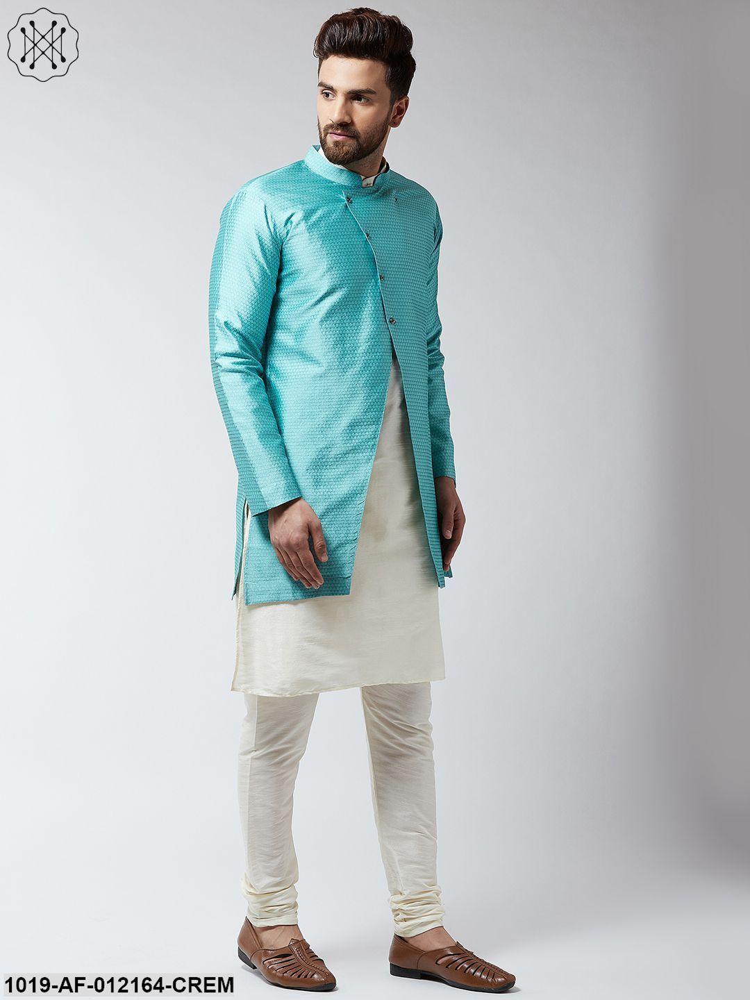 Men's Silk Blend Cream Kurta Churidaar Pyjama & Sky Blue Sherwani Jacket Set