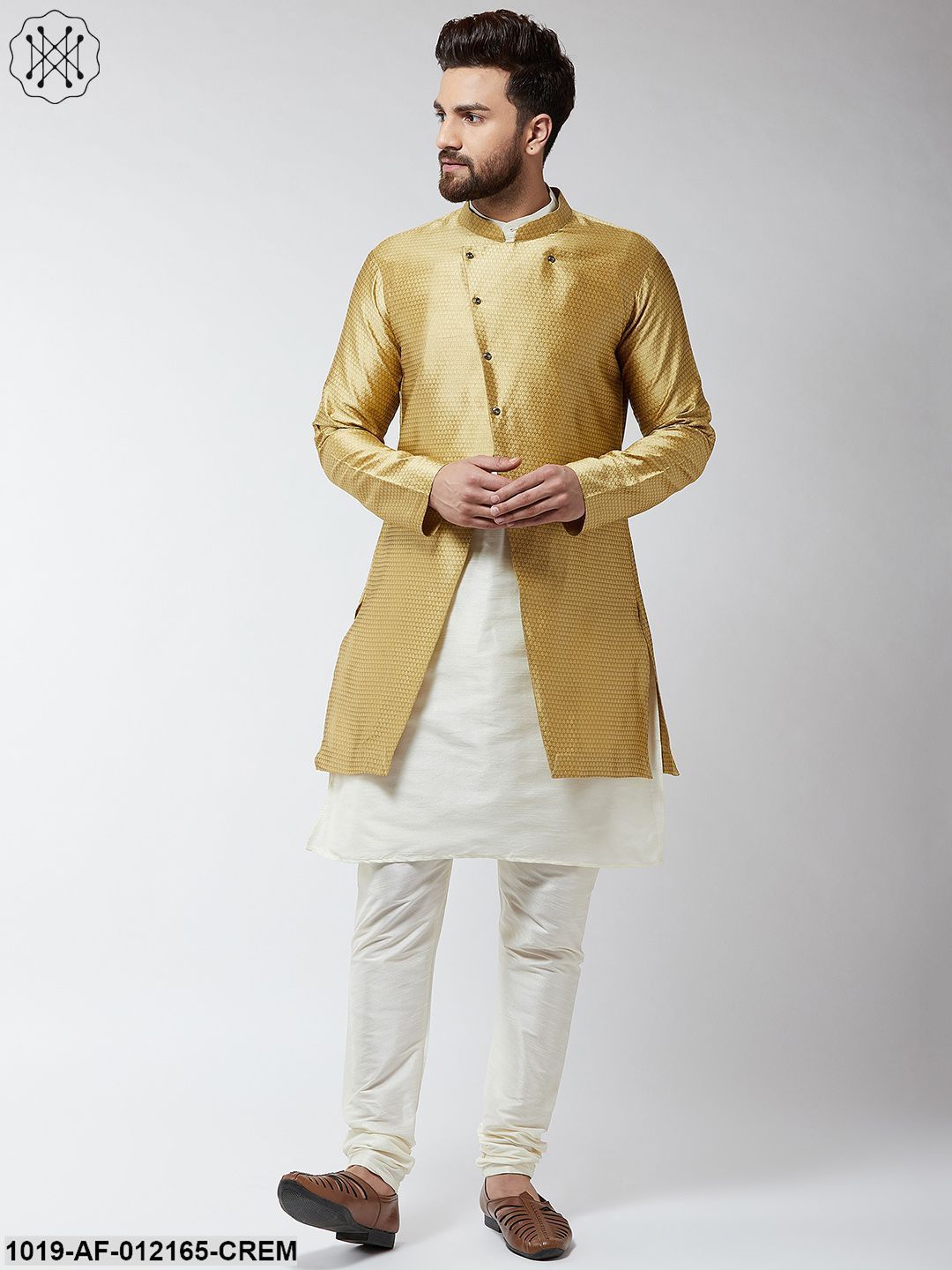Men's Silk Blend Cream Kurta Churidaar Pyjama & Gold Sherwani Jacket Set
