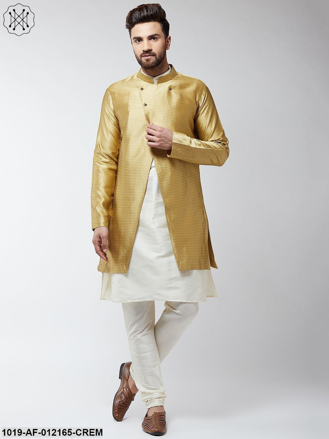 Men's Silk Blend Cream Kurta Churidaar Pyjama & Gold Sherwani Jacket Set