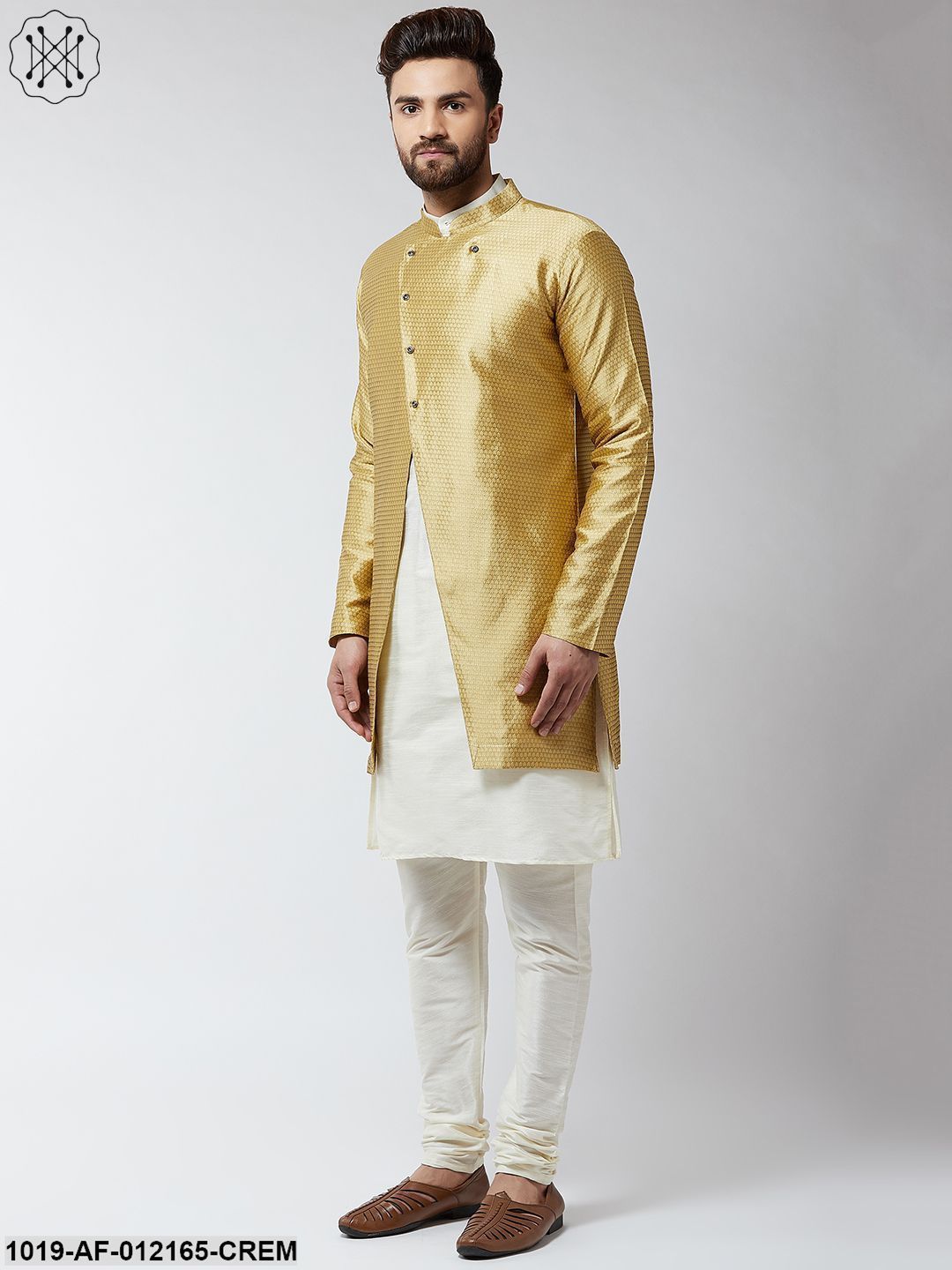 Men's Silk Blend Cream Kurta Churidaar Pyjama & Gold Sherwani Jacket Set