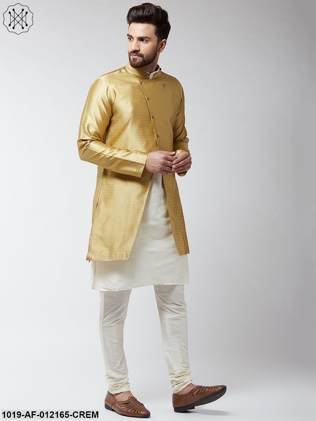 Men's Silk Blend Cream Kurta Churidaar Pyjama & Gold Sherwani Jacket Set