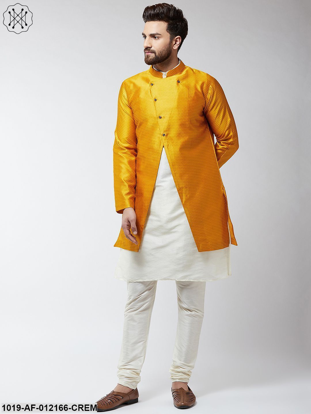 Men's Silk Blend Cream Kurta Churidaar Pyjama & Mustard Sherwani Jacket Set
