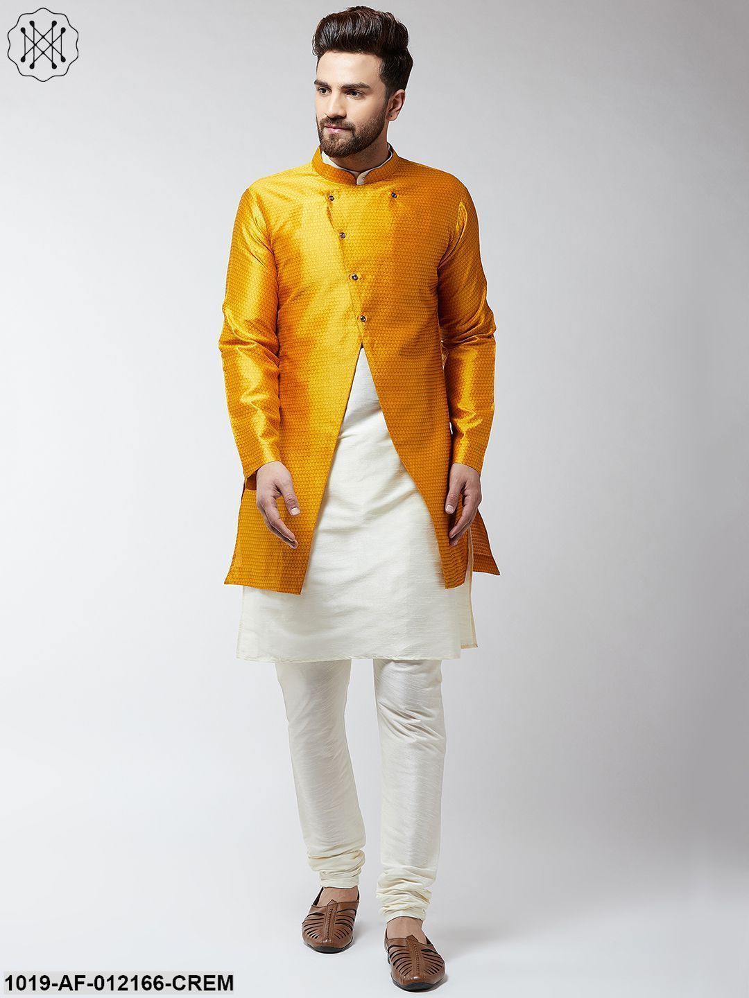 Men's Silk Blend Cream Kurta Churidaar Pyjama & Mustard Sherwani Jacket Set