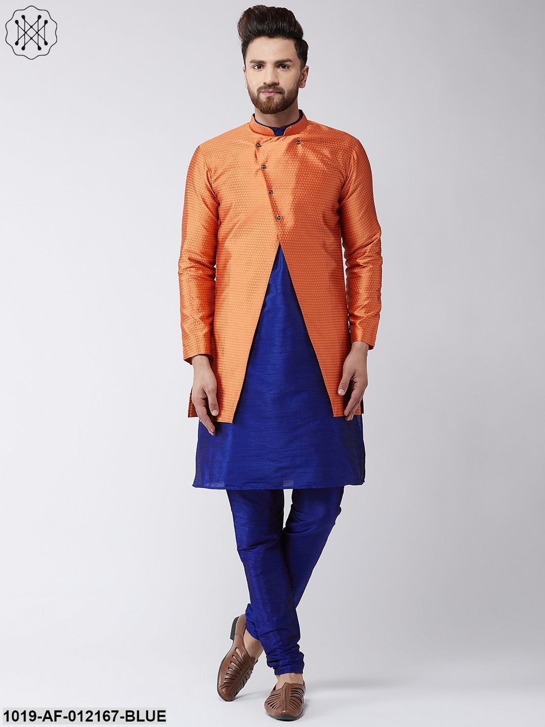 Men's Silk Blend Royal Blue Kurta Churidaar Pyjama & Peach Sherwani Jacket Set