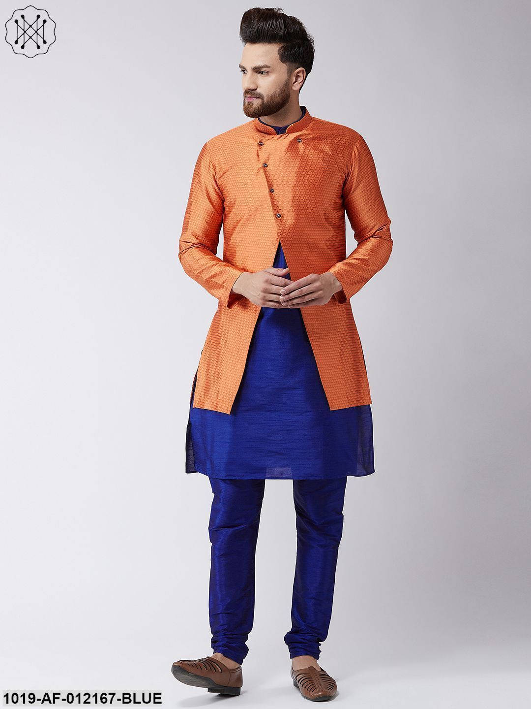 Men's Silk Blend Royal Blue Kurta Churidaar Pyjama & Peach Sherwani Jacket Set