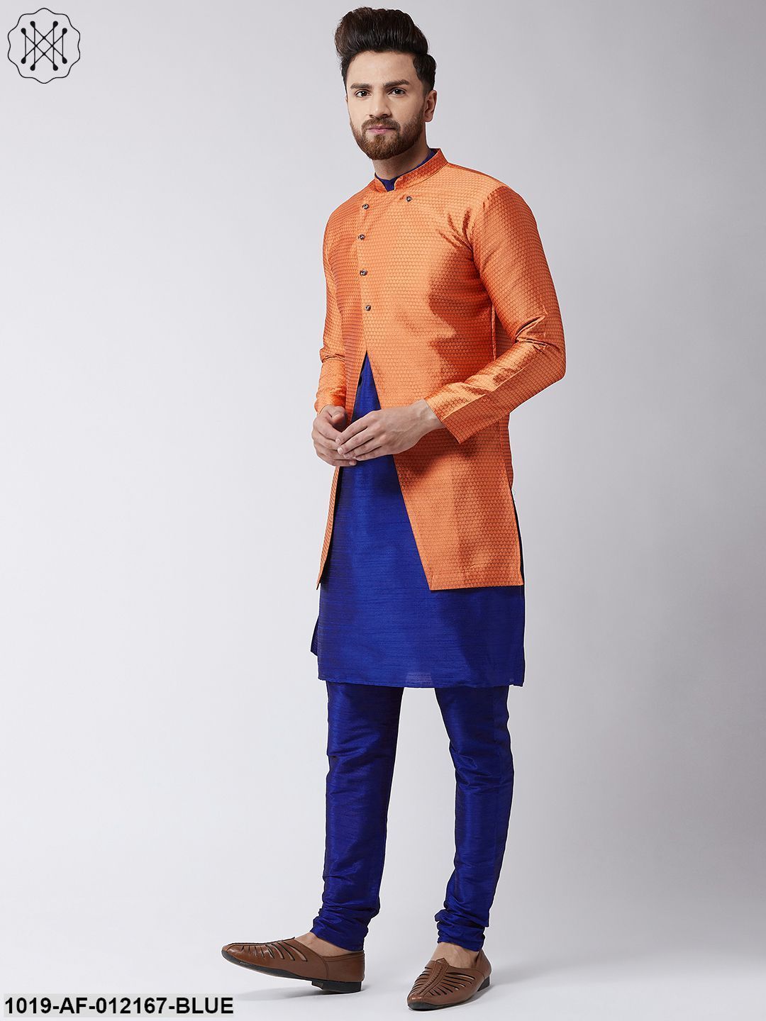 Men's Silk Blend Royal Blue Kurta Churidaar Pyjama & Peach Sherwani Jacket Set