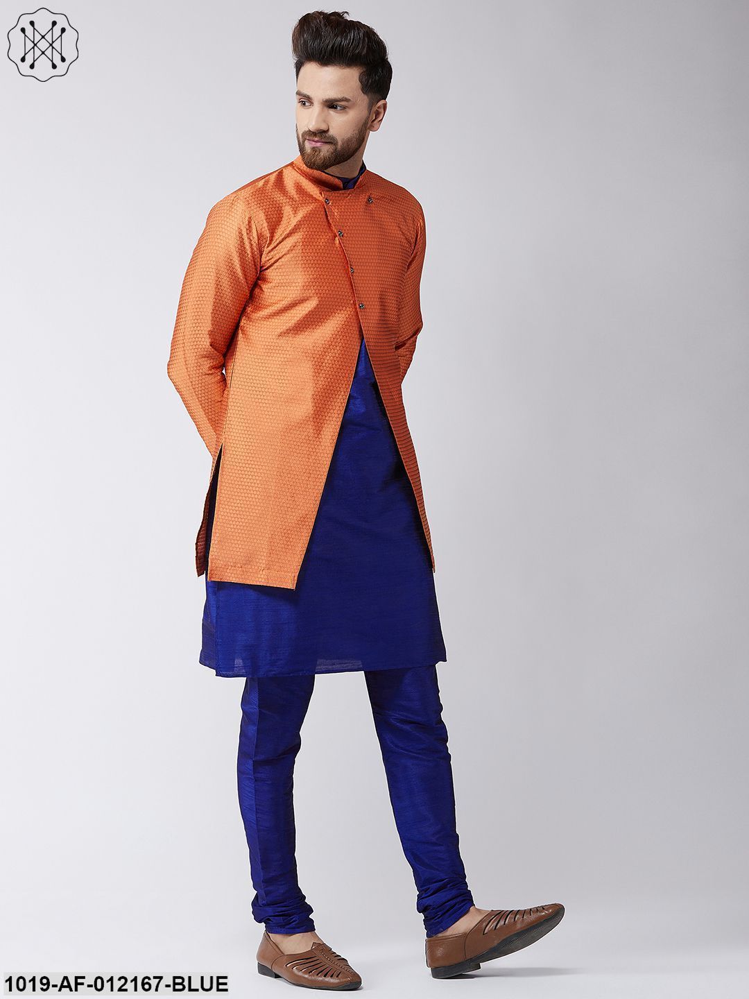 Men's Silk Blend Royal Blue Kurta Churidaar Pyjama & Peach Sherwani Jacket Set