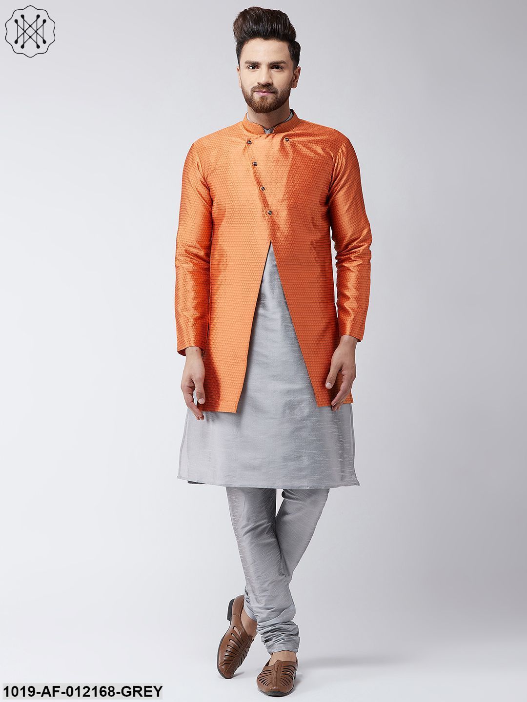 Men's Silk Blend Grey Kurta Churidaar Pyjama & Peach Sherwani Jacket Set