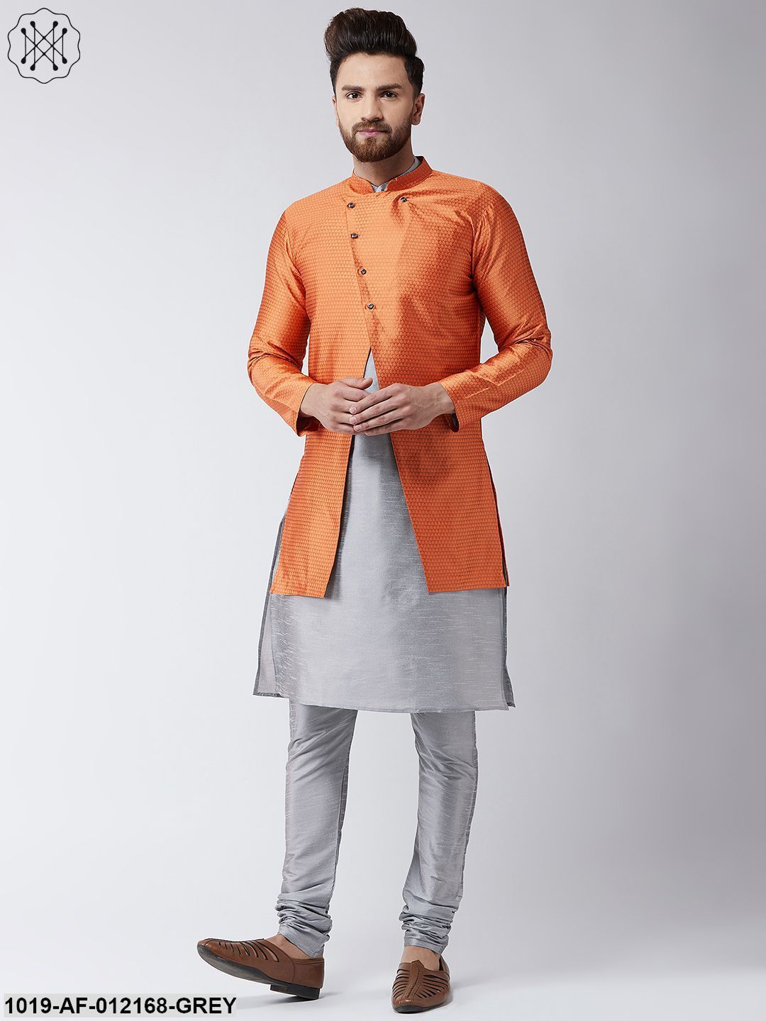 Men's Silk Blend Grey Kurta Churidaar Pyjama & Peach Sherwani Jacket Set