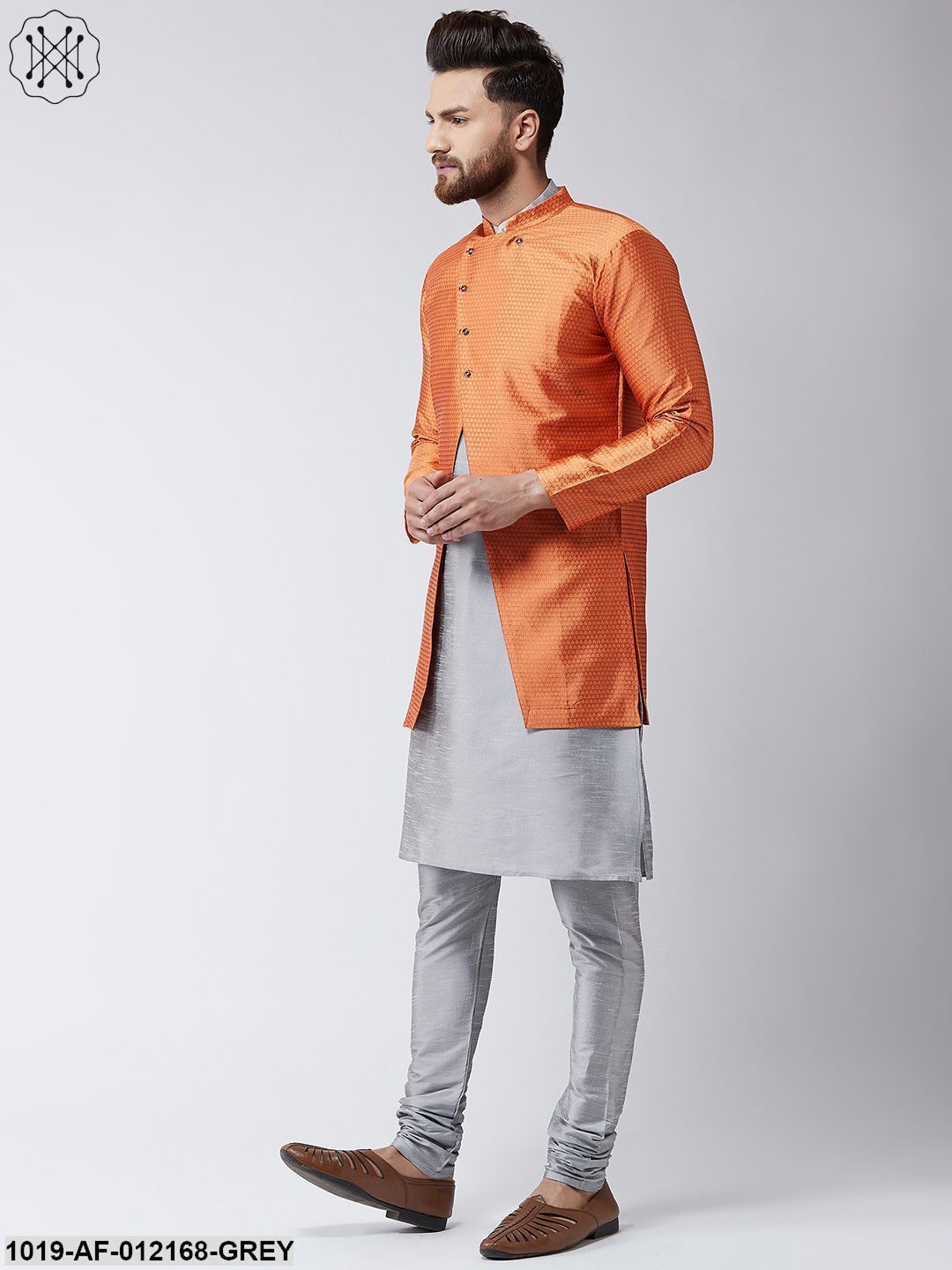 Men's Silk Blend Grey Kurta Churidaar Pyjama & Peach Sherwani Jacket Set