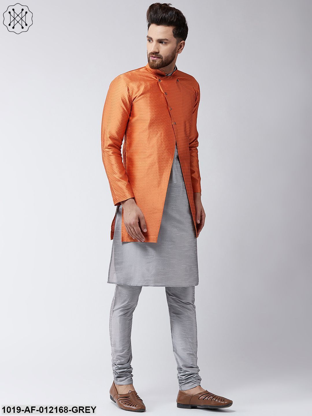 Men's Silk Blend Grey Kurta Churidaar Pyjama & Peach Sherwani Jacket Set