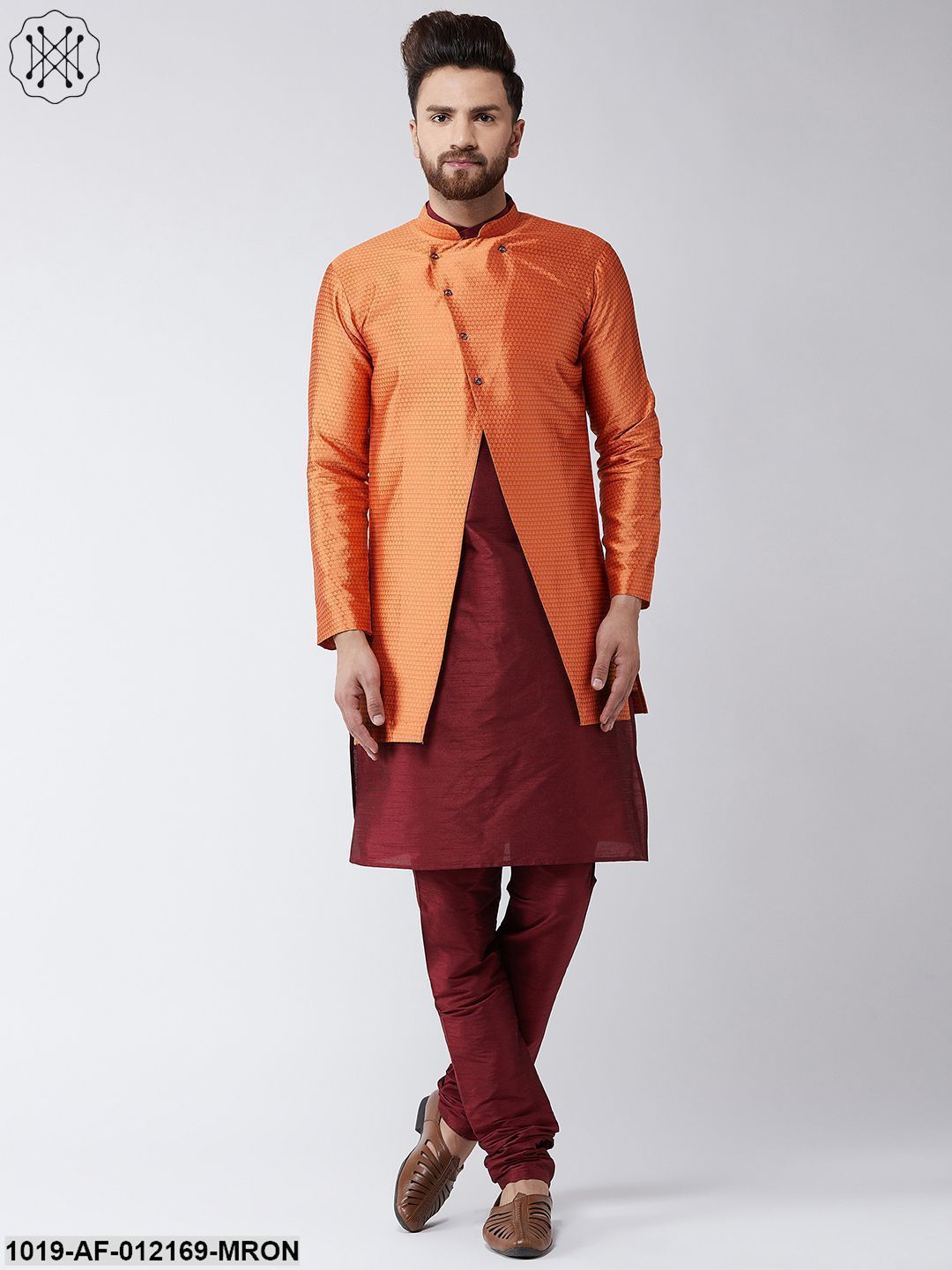 Men's Silk Blend Maroon Kurta Churidaar Pyjama & Peach Sherwani Jacket Set