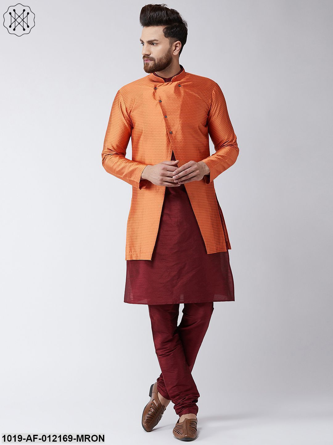 Men's Silk Blend Maroon Kurta Churidaar Pyjama & Peach Sherwani Jacket Set