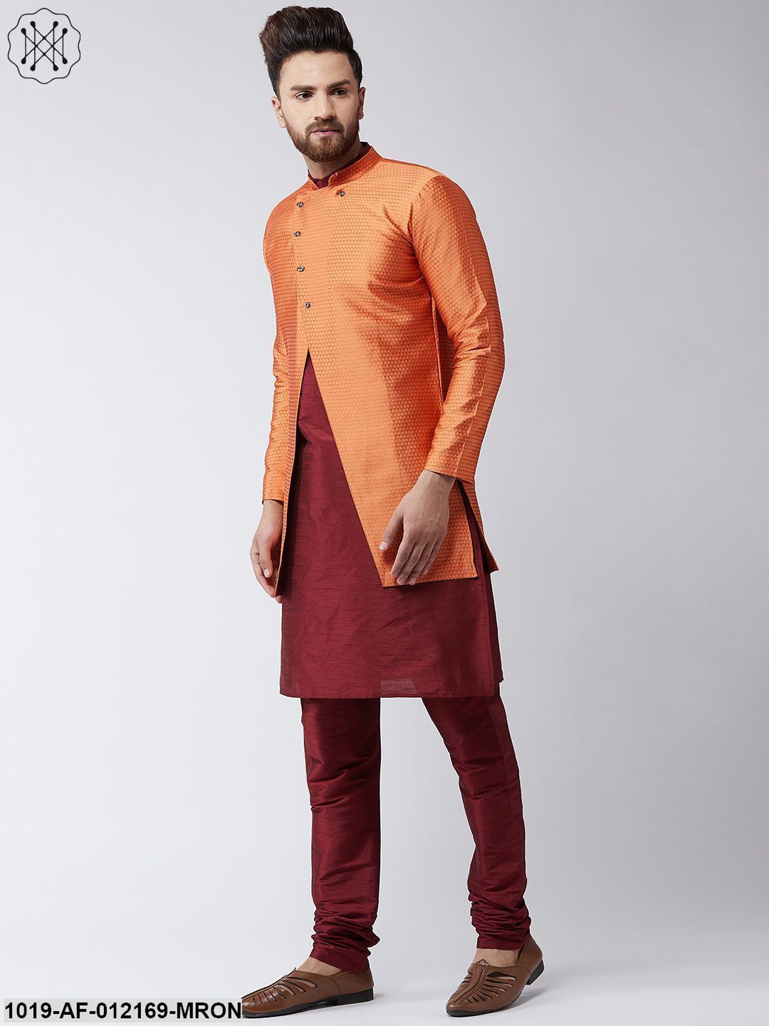 Men's Silk Blend Maroon Kurta Churidaar Pyjama & Peach Sherwani Jacket Set