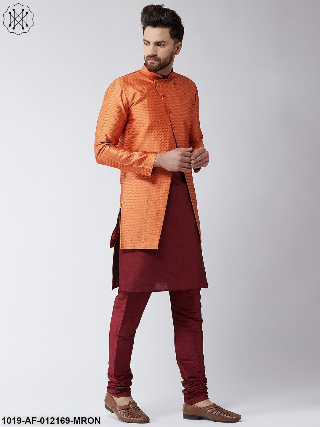 Men's Silk Blend Maroon Kurta Churidaar Pyjama & Peach Sherwani Jacket Set
