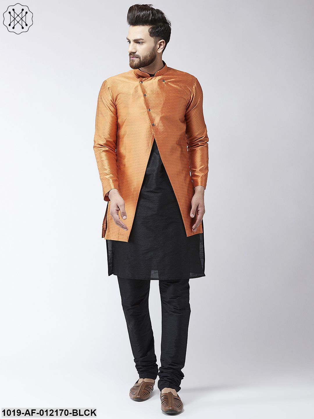 Men's Silk Blend Black Kurta Churidaar Pyjama & Peach Sherwani Jacket Set