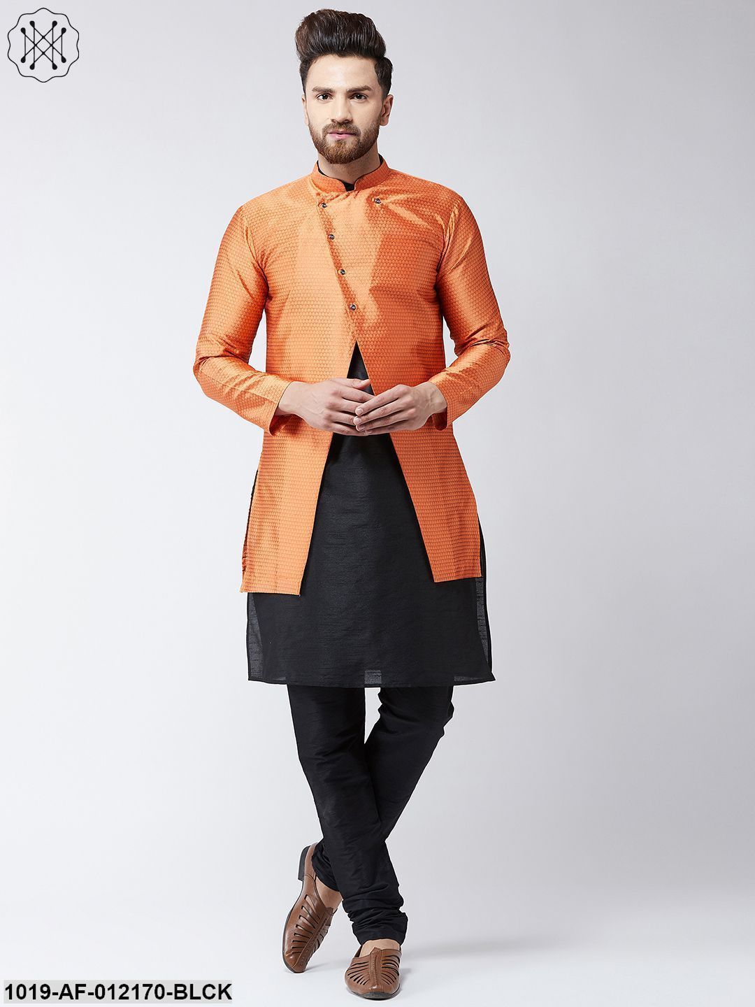 Men's Silk Blend Black Kurta Churidaar Pyjama & Peach Sherwani Jacket Set