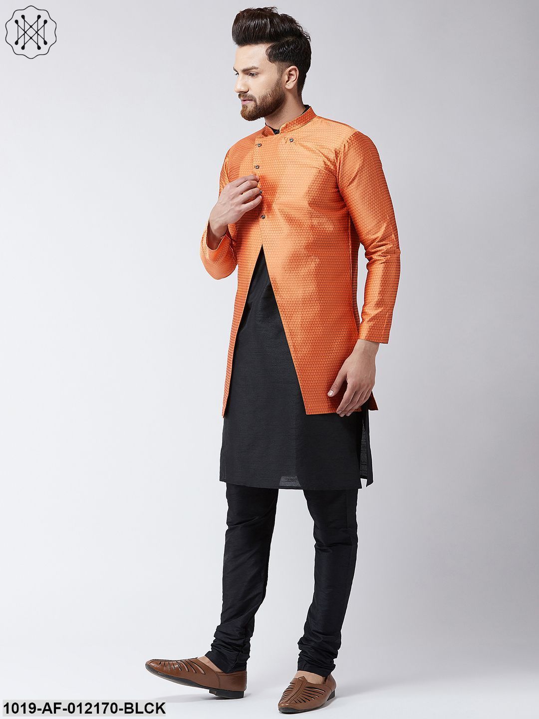 Men's Silk Blend Black Kurta Churidaar Pyjama & Peach Sherwani Jacket Set