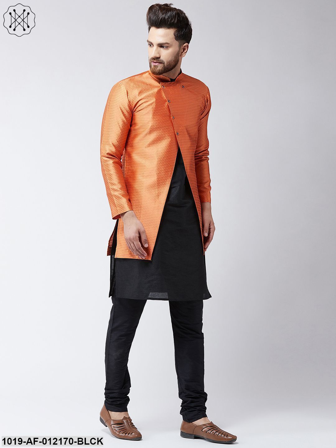 Men's Silk Blend Black Kurta Churidaar Pyjama & Peach Sherwani Jacket Set