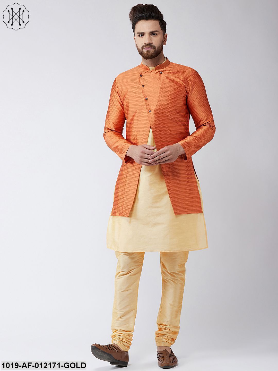 Men's Silk Blend Gold Kurta Churidaar Pyjama & Peach Sherwani Jacket Set