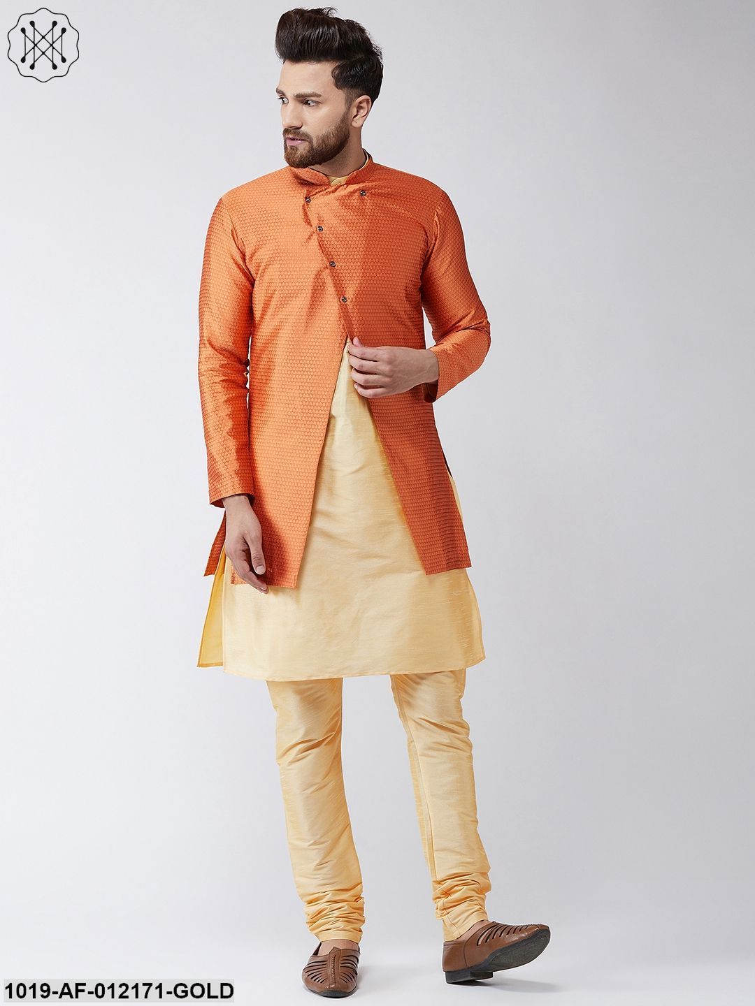 Men's Silk Blend Gold Kurta Churidaar Pyjama & Peach Sherwani Jacket Set