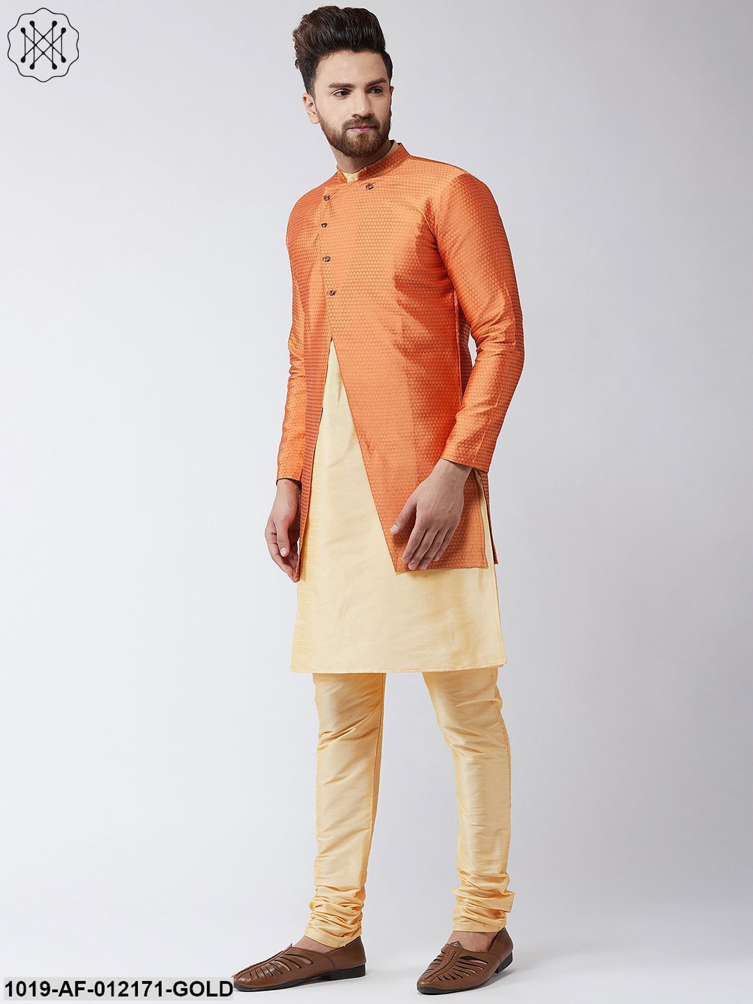 Men's Silk Blend Gold Kurta Churidaar Pyjama & Peach Sherwani Jacket Set