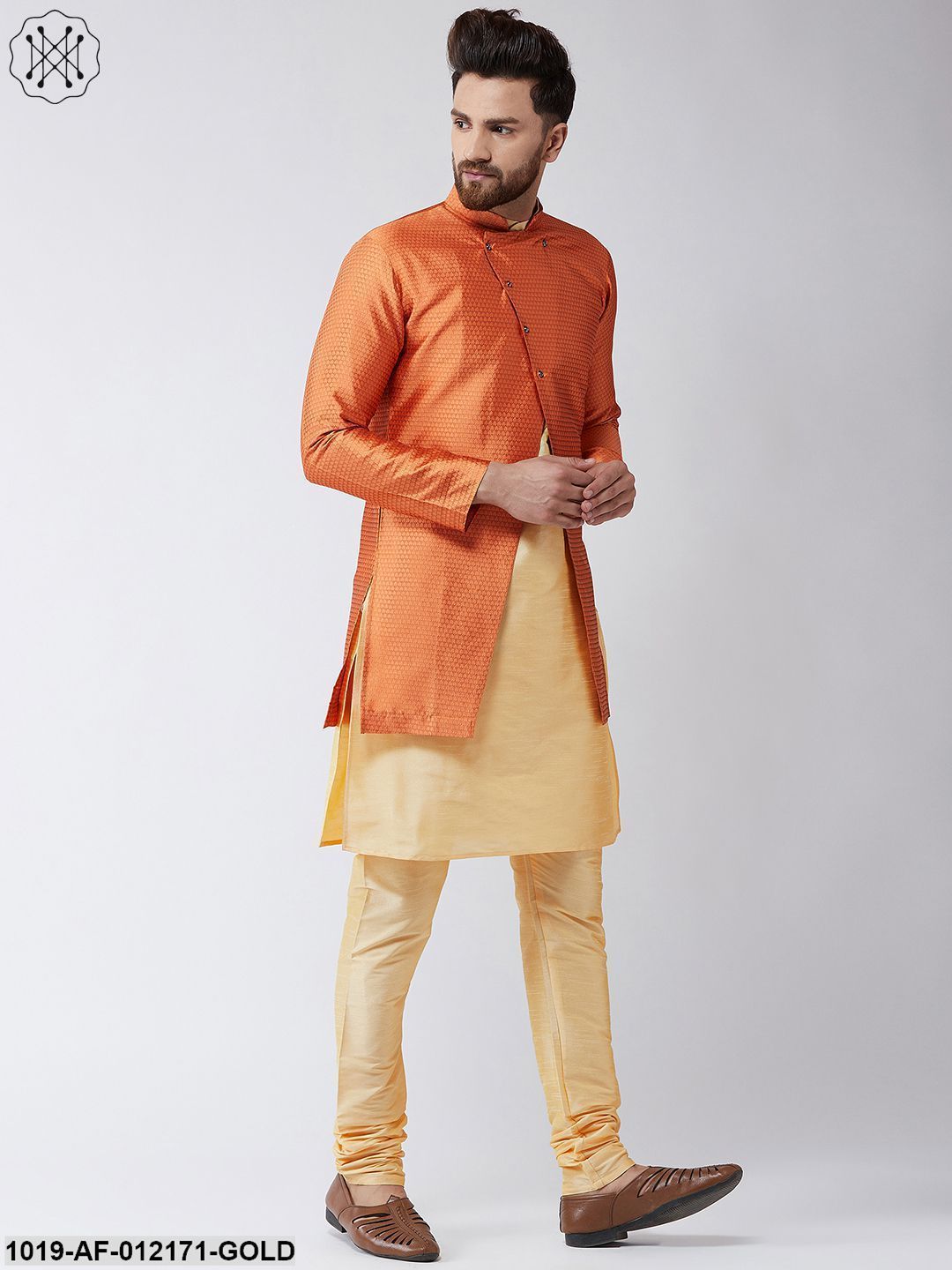 Men's Silk Blend Gold Kurta Churidaar Pyjama & Peach Sherwani Jacket Set