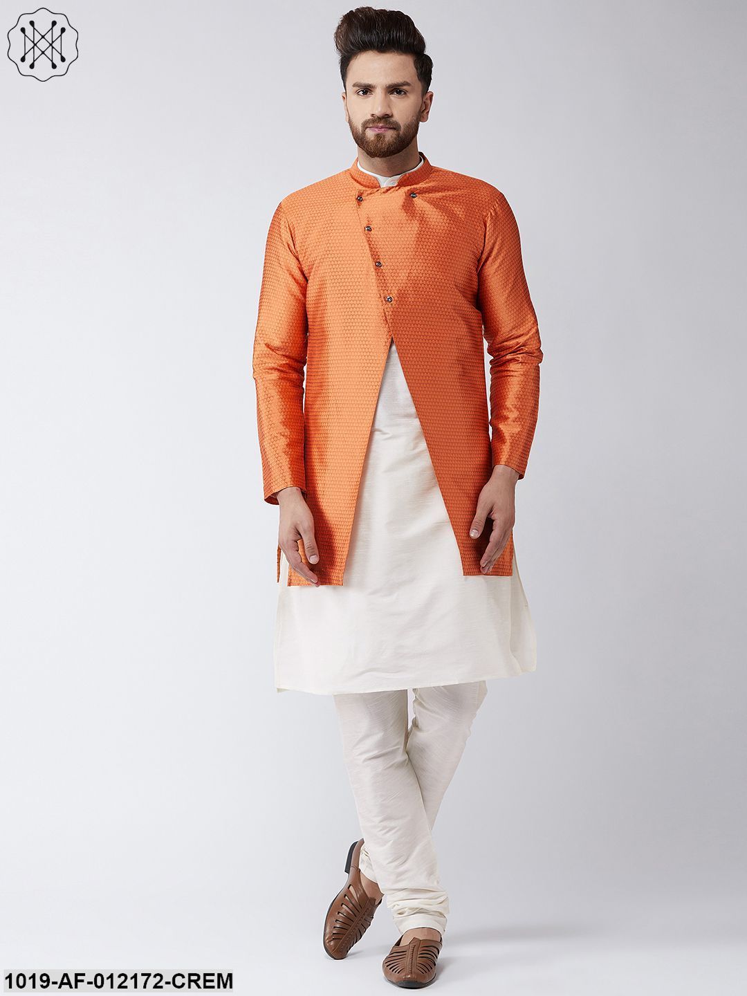 Men's Silk Blend Cream Kurta Churidaar Pyjama & Peach Sherwani Jacket Set