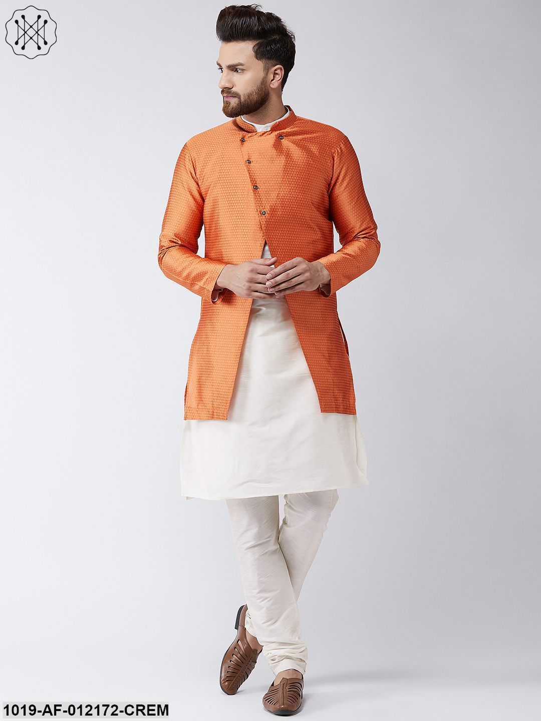 Men's Silk Blend Cream Kurta Churidaar Pyjama & Peach Sherwani Jacket Set