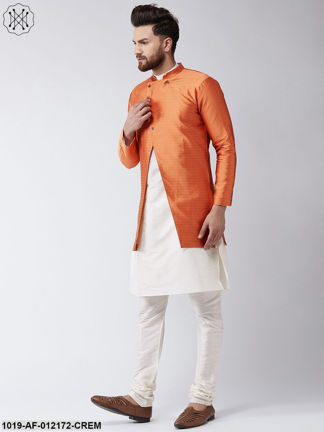 Men's Silk Blend Cream Kurta Churidaar Pyjama & Peach Sherwani Jacket Set