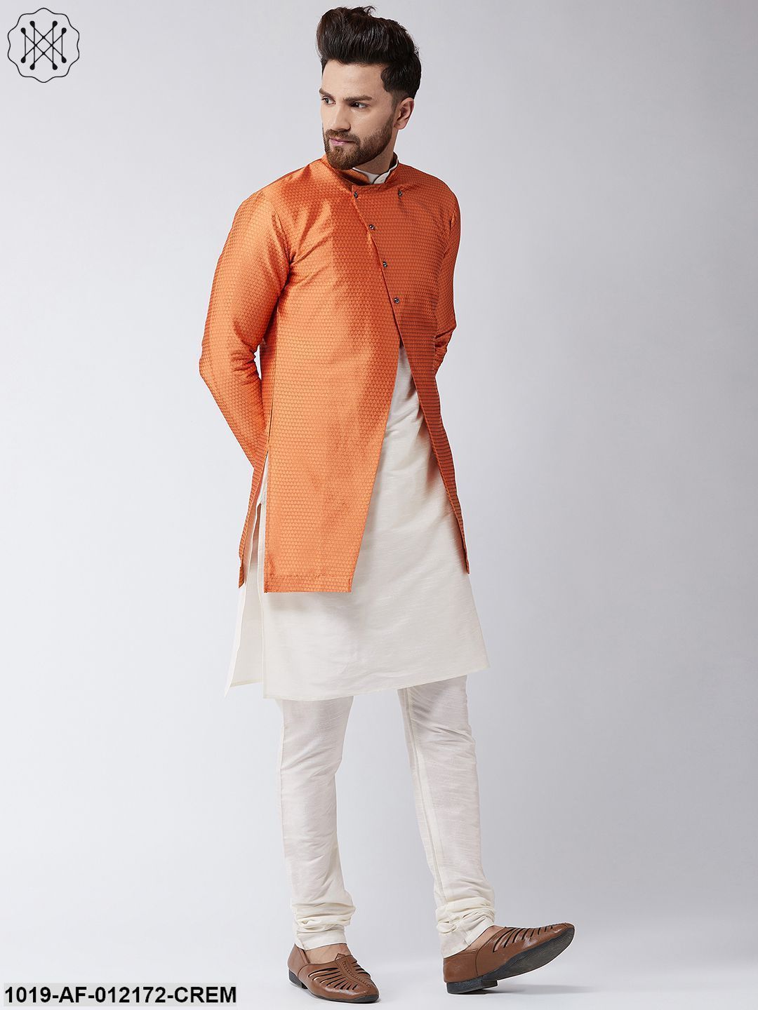 Men's Silk Blend Cream Kurta Churidaar Pyjama & Peach Sherwani Jacket Set
