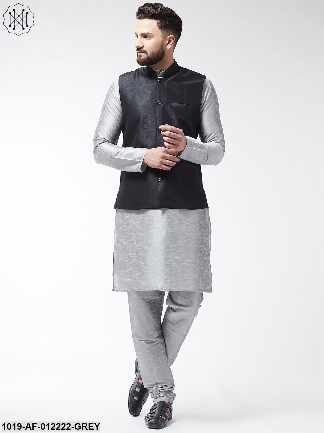 Men's Silk Blend Grey Kurta With Pyjama & Black Nehrujacket Combo