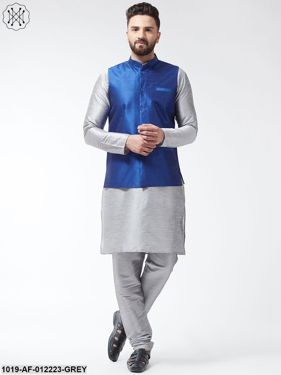 Men's Silk Blend Grey Kurta With Pyjama & Royalblue Nehrujacket Combo