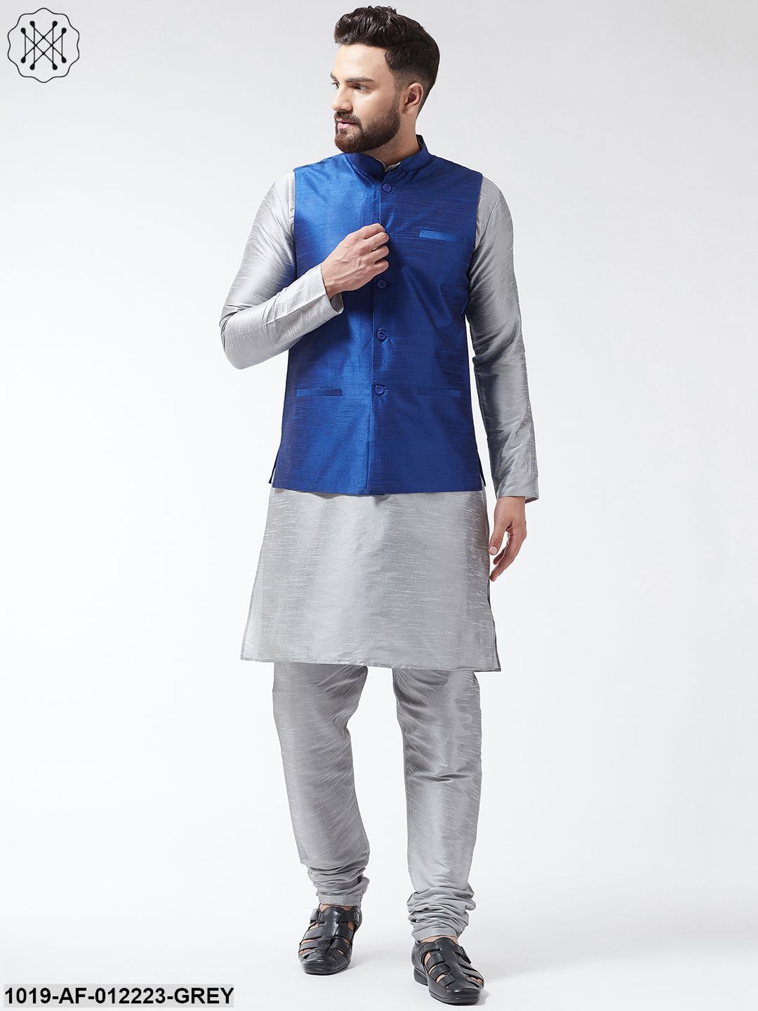 Men's Silk Blend Grey Kurta With Pyjama & Royalblue Nehrujacket Combo
