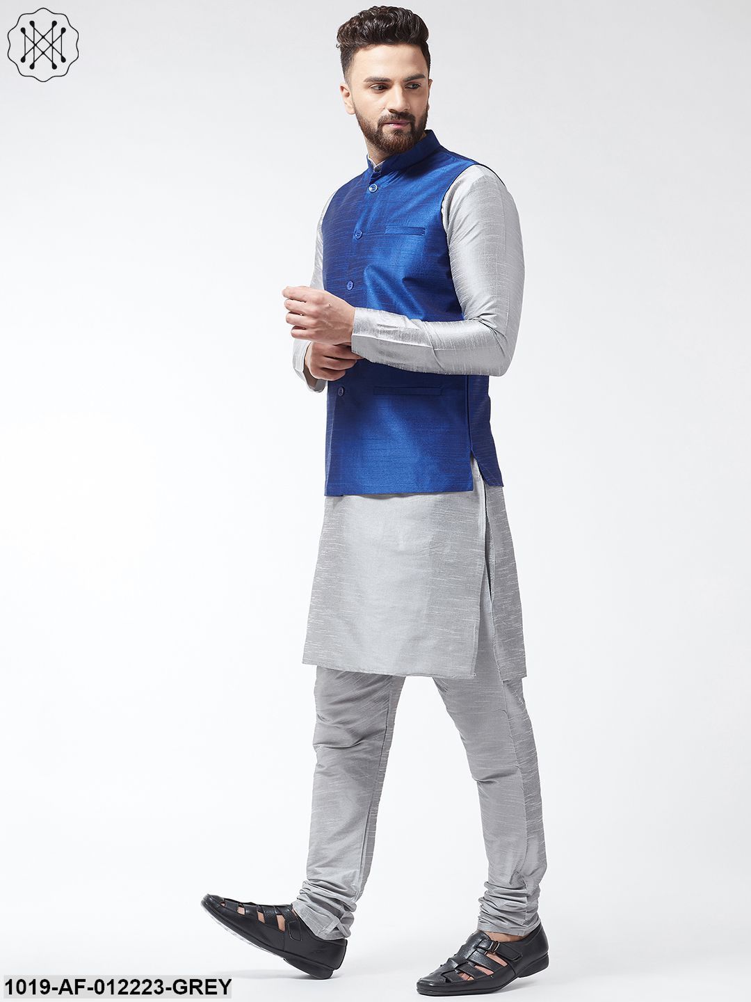 Men's Silk Blend Grey Kurta With Pyjama & Royalblue Nehrujacket Combo
