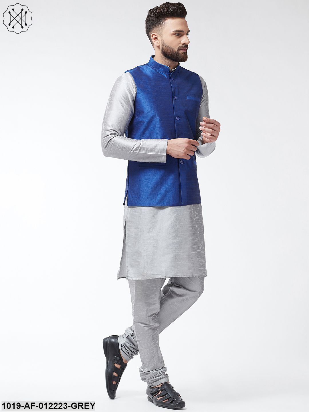 Men's Silk Blend Grey Kurta With Pyjama & Royalblue Nehrujacket Combo