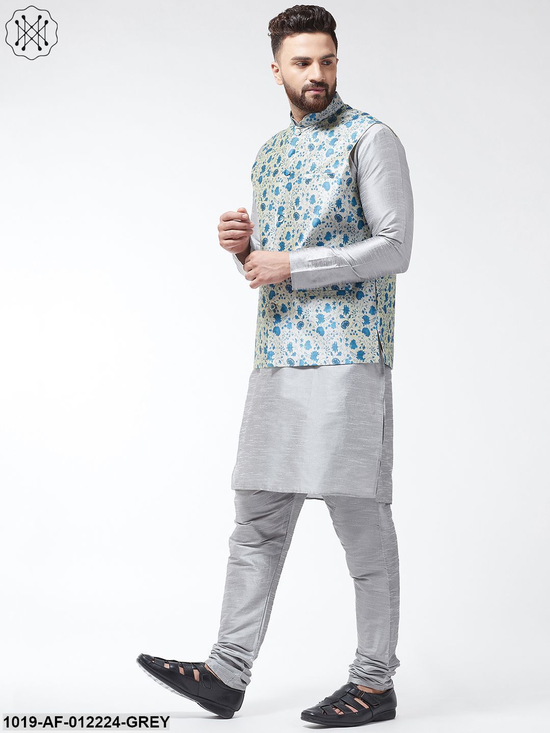 Men's Silk Blend Grey Kurta With Pyjama & Blue Printed Nehrujacket Combo - Sojanya
