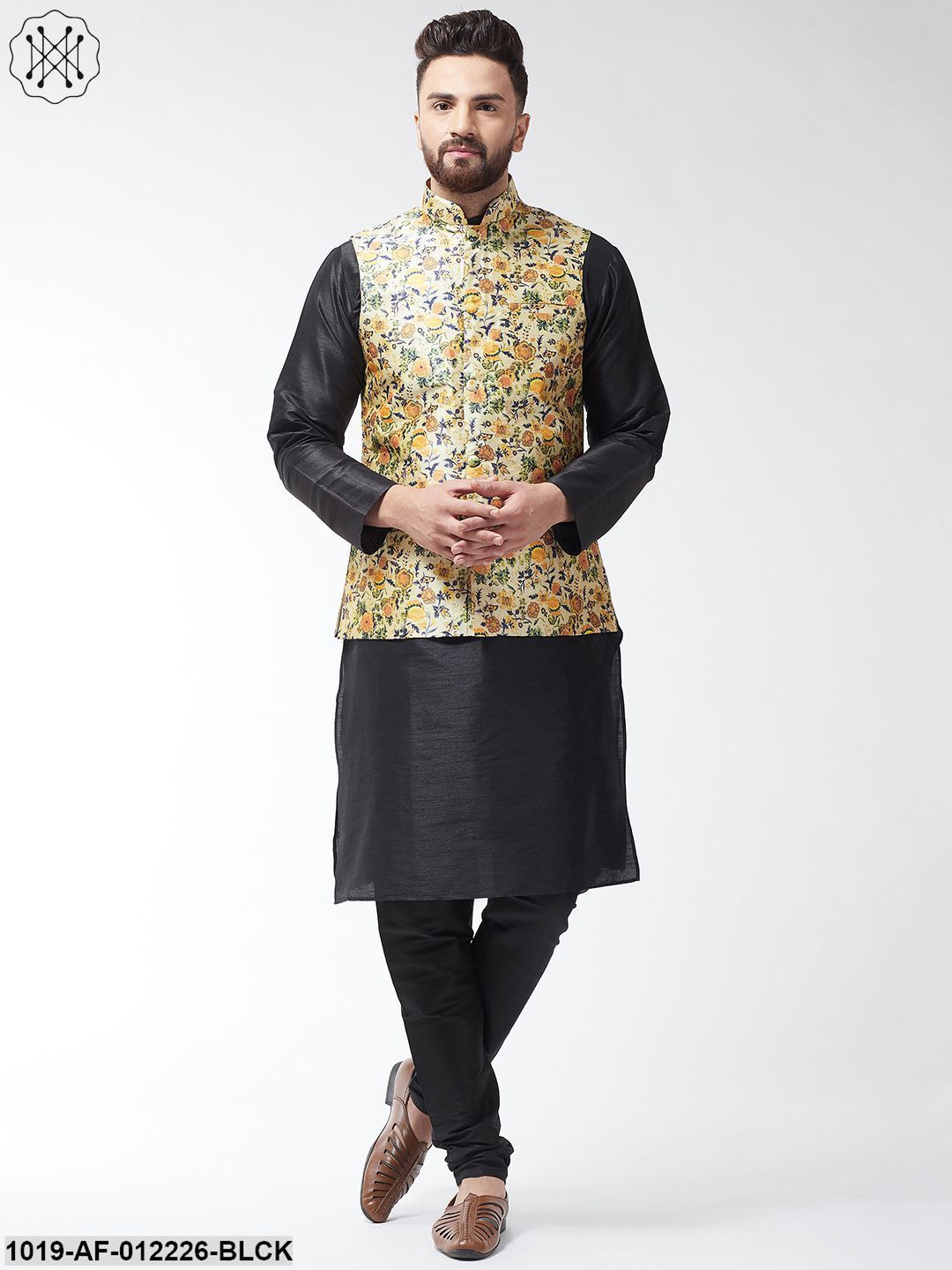 Men's Silk Blend Black Kurta With Pyjama & Limegreen Printed Nehrujacket Combo - Sojanya