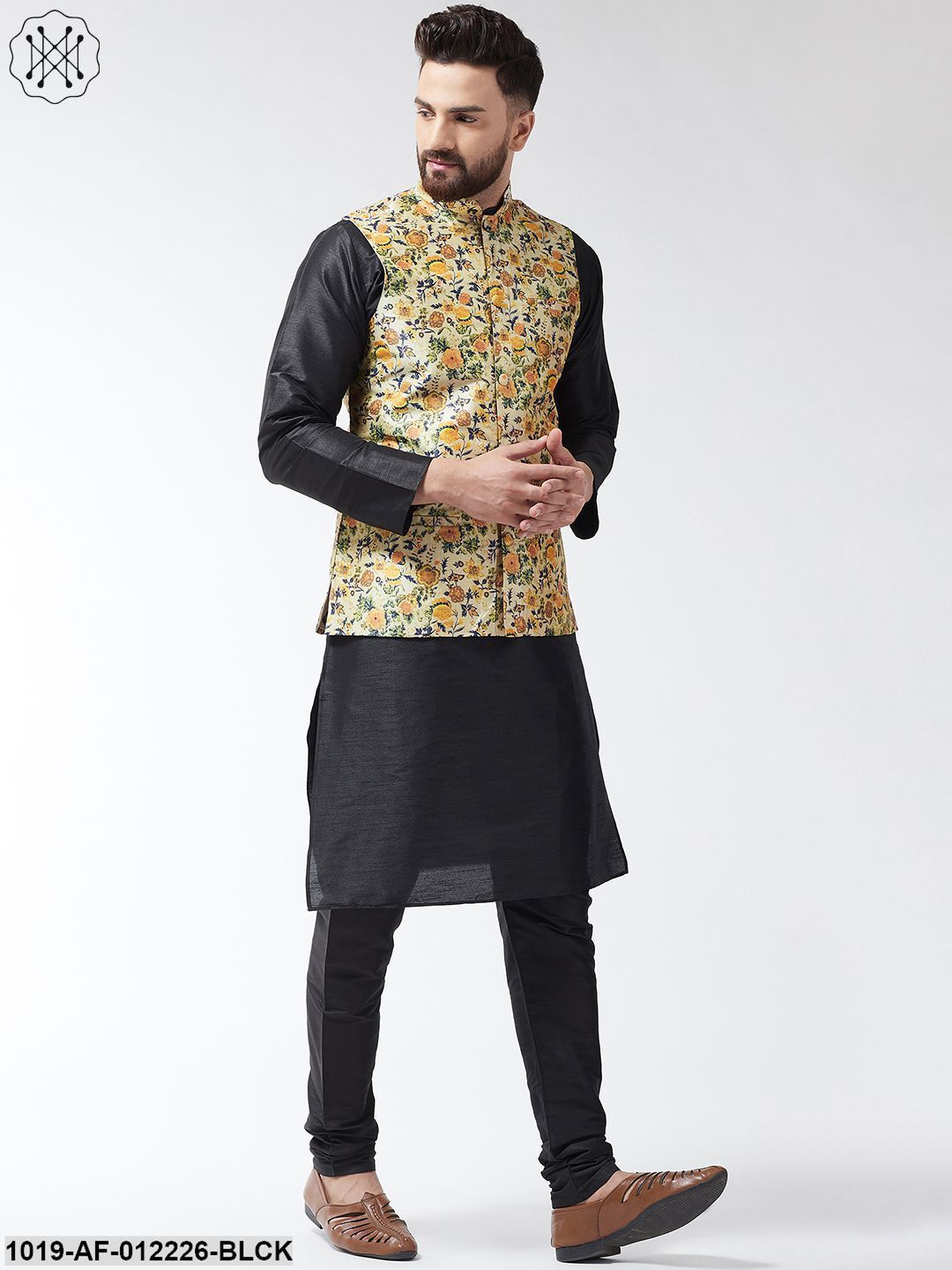 Men's Silk Blend Black Kurta With Pyjama & Limegreen Printed Nehrujacket Combo - Sojanya