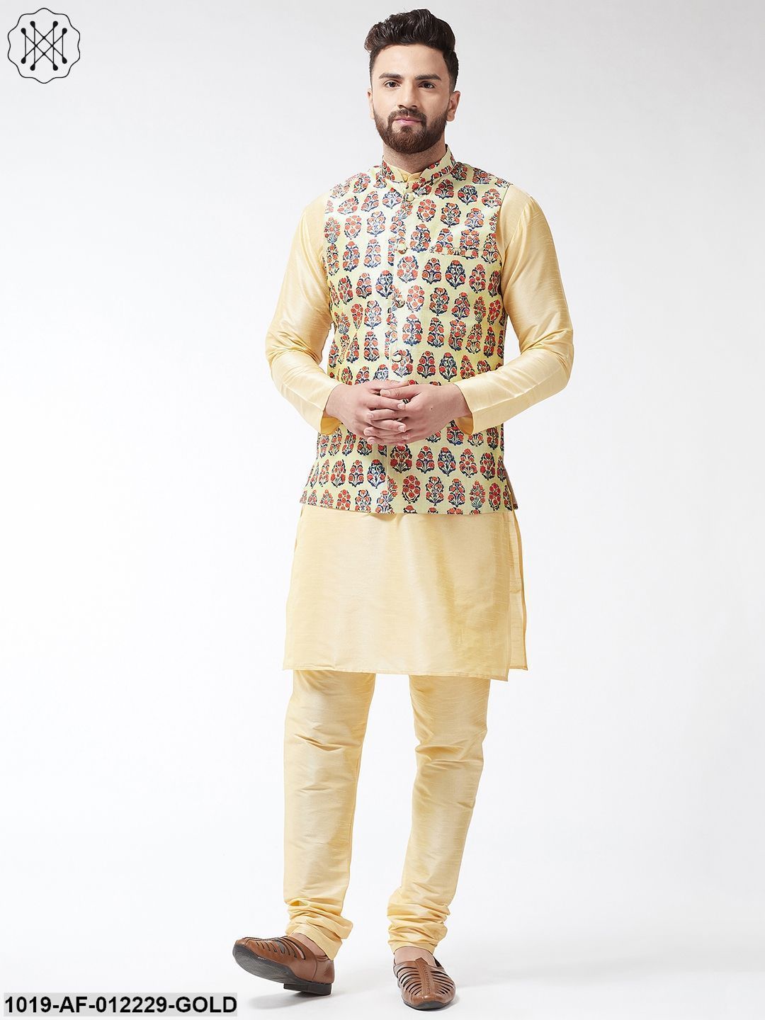 Men's Silk Blend Gold Kurta With Pyjama & Beige Printed Nehrujacket Combo