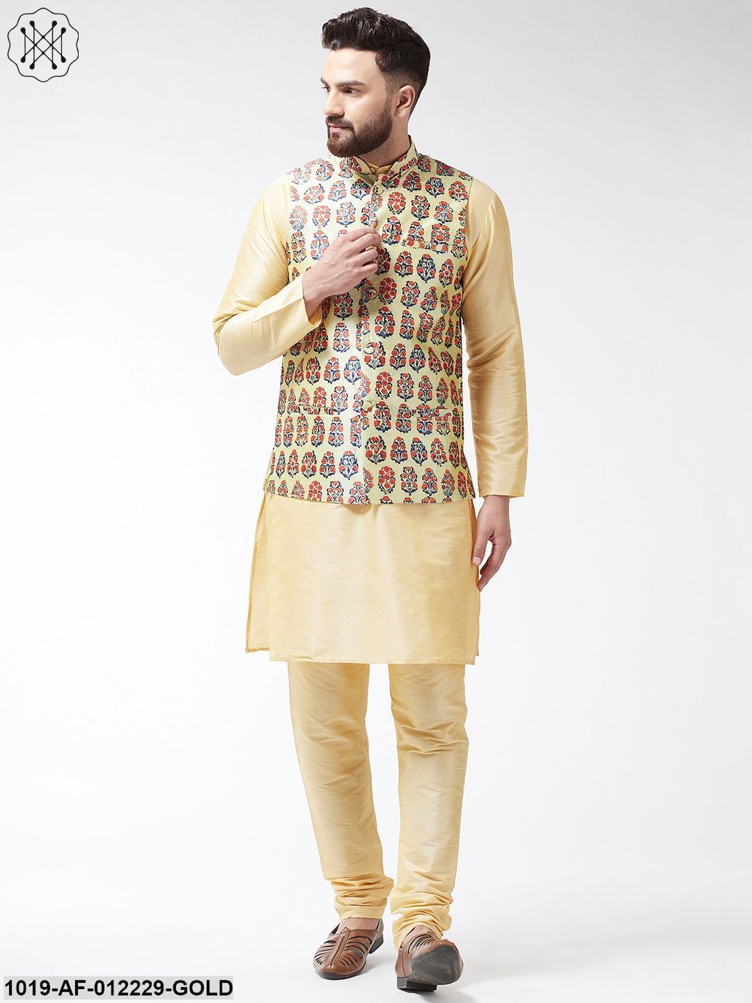 Men's Silk Blend Gold Kurta With Pyjama & Beige Printed Nehrujacket Combo